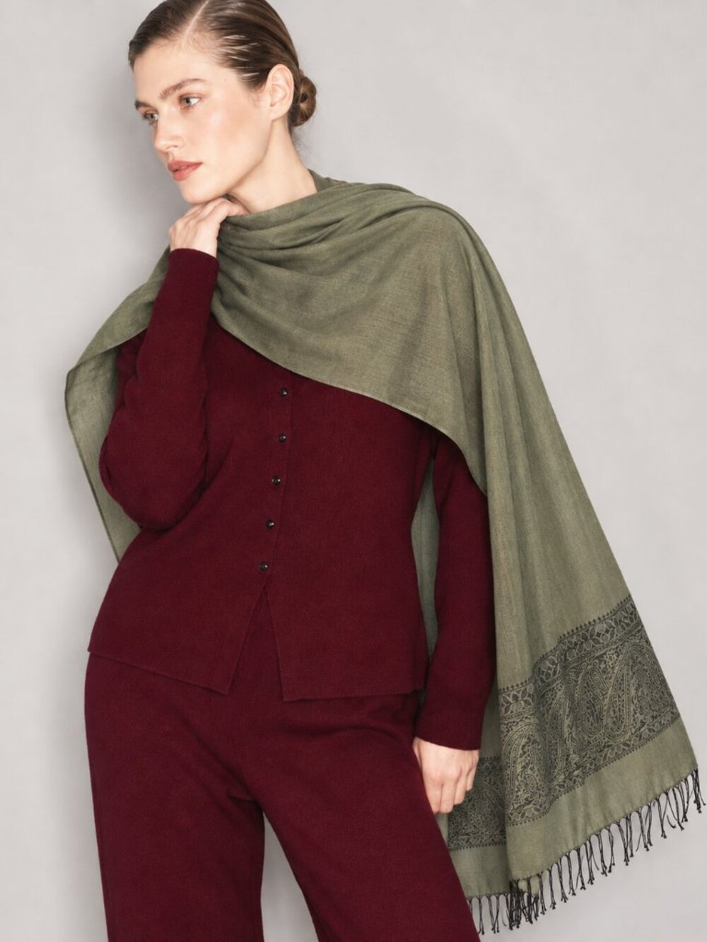 Olive Green Paisley Silky Lightweight Fringed Scarf Wrap Fall